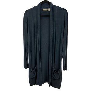 Chicos Travelers L Navy Open Front Cardigan Duster Pockets Sz 2 Long Sleeve